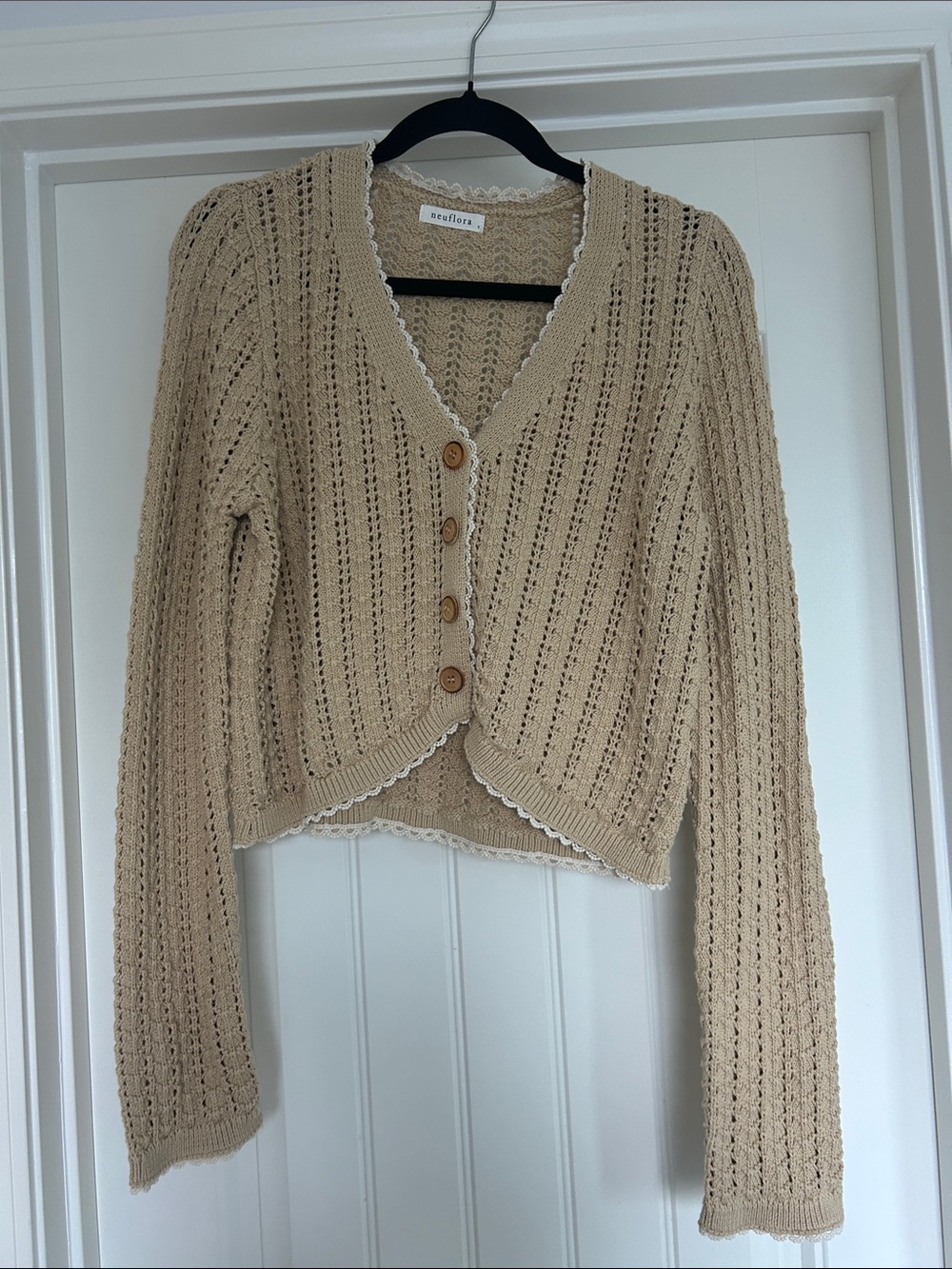 Sezane Cream Openwork Button Cardigan with Scallop Trim